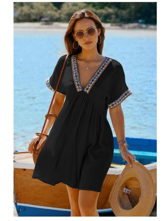 Cupshe Dresses & Skirts - NWT CUPSHE Black Mini Dress V Neck Short Sleeve 100% Cotton Casual Dress -S